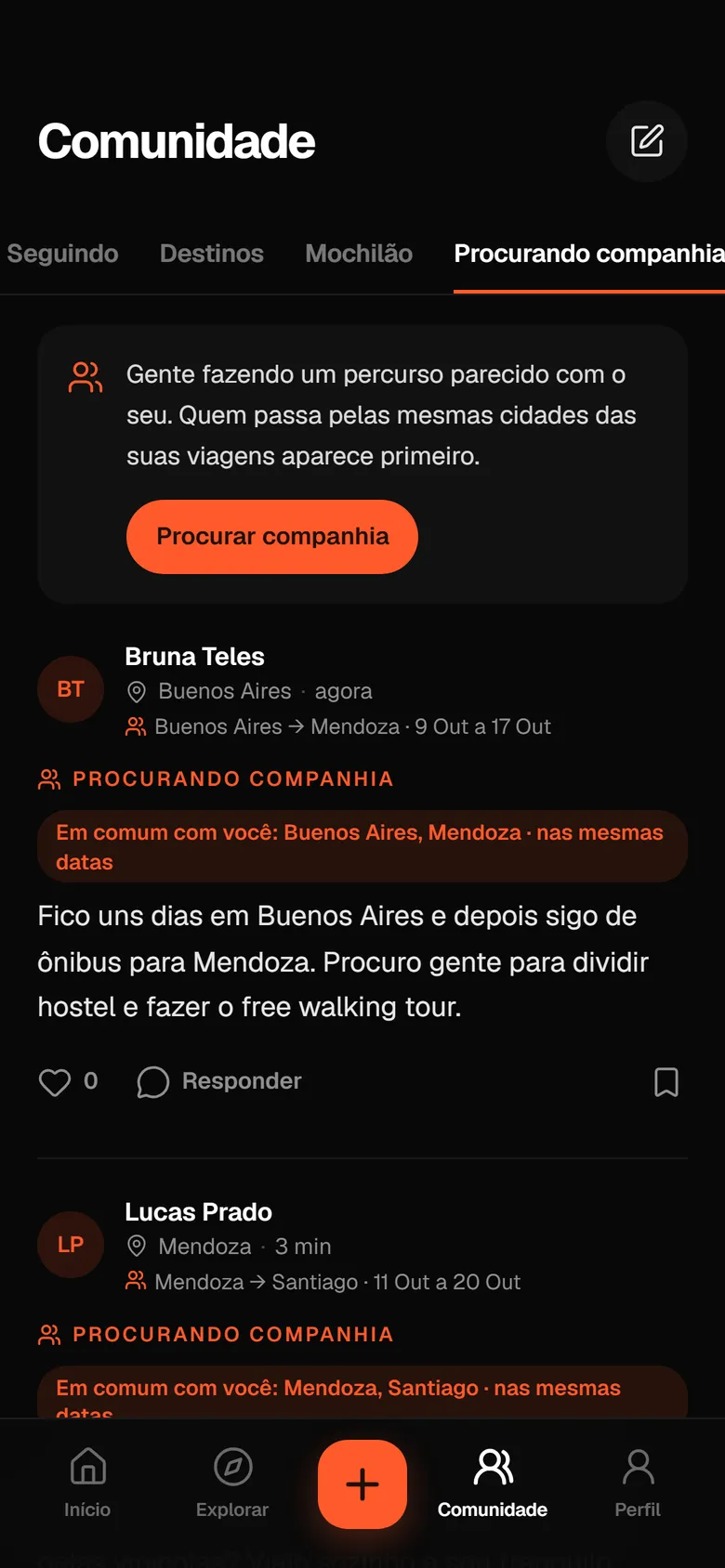 Pedidos de companhia de outros viajantes, com as cidades em comum