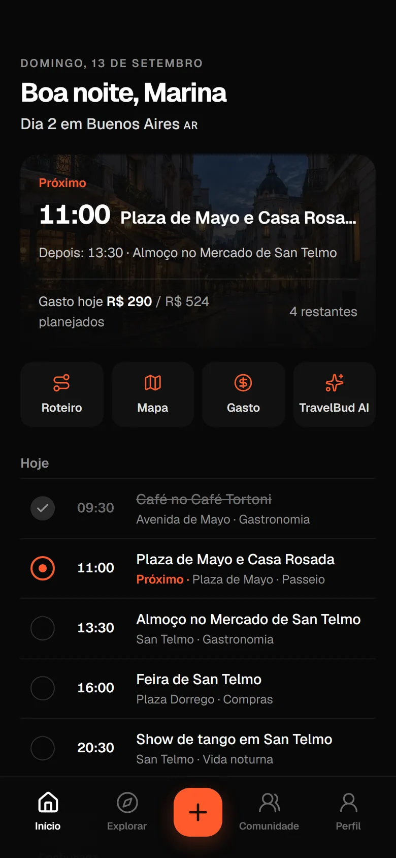 Tela inicial do TravelBud durante a viagem