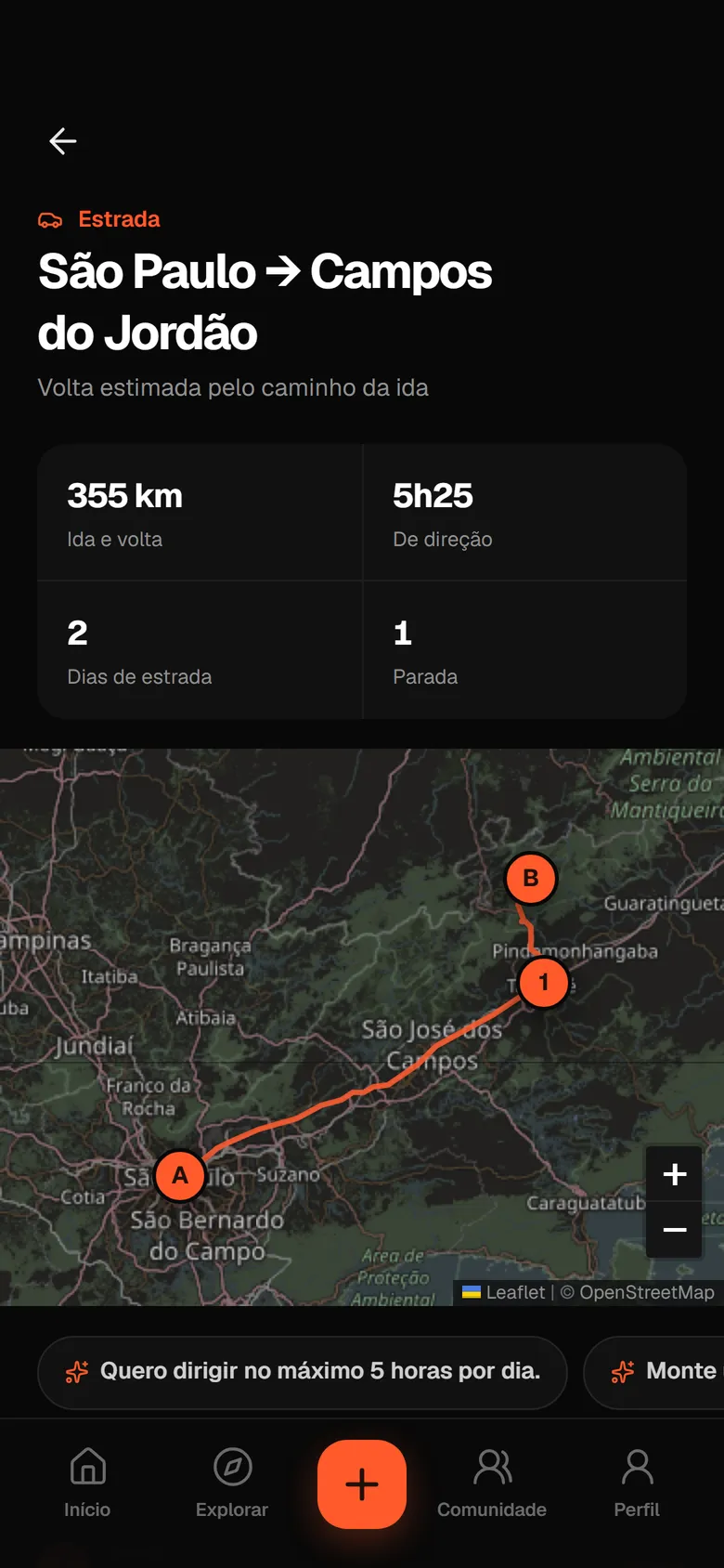 Road trip com rota e paradas